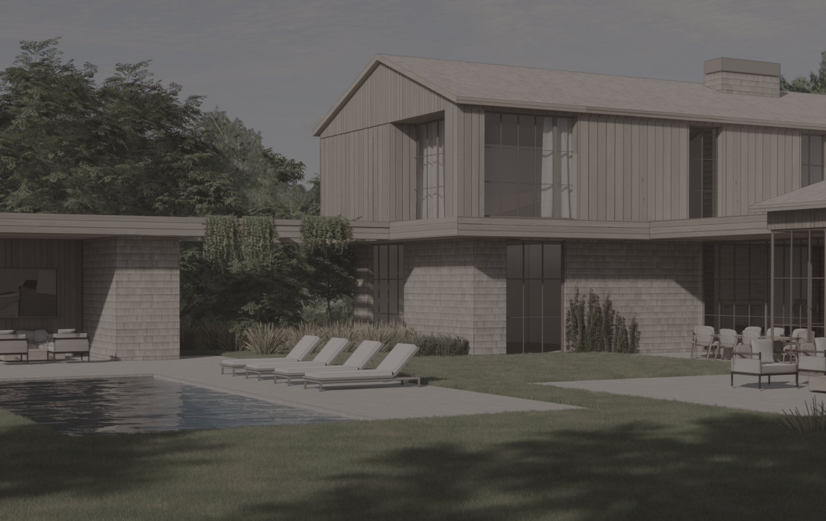 Architectural cedar-clad residence with pool at twilight