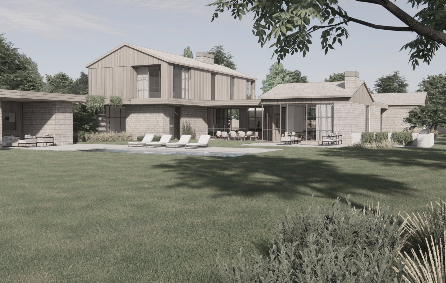 Cedar-shingle residence with pool and lawn