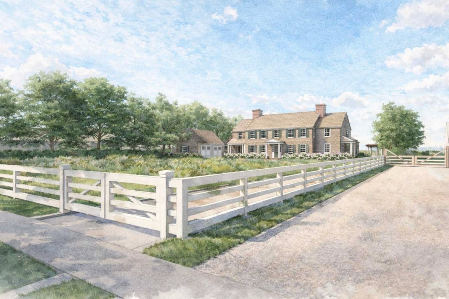 Traditional New England estate, watercolor rendering